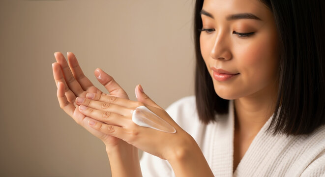 Asian woman applying hand cream from white tube in bathrobe. Skincare hand care moisturizing beauty routine spa wellness anti aging treatment cosmetic