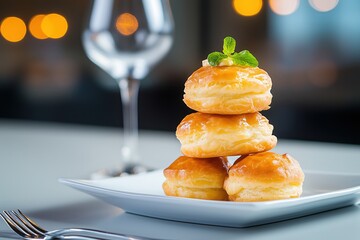 Delicious pastry tower displayed at a fine dining restaurant gourmet food photography elegant atmosphere