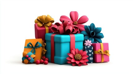 A vibrant display of colorful gift boxes adorned with ribbons and flowers, perfect for celebrations and special occasions.