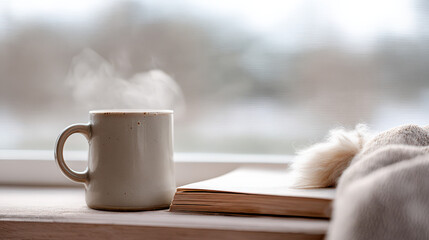 A ceramic coffee cup sits on a windowsill, steam rising into the air beside an open book and a soft blanket creating a cozy, serene atmosphere
