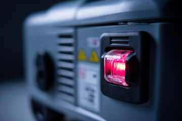 A close-up of a generator humming quietly in the darkness with a glowing red indicator light signaling its operational status