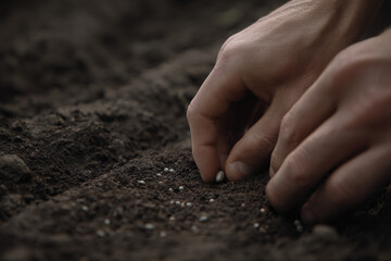 Close-up of a person's hands planting seeds in rich, dark soil, showcasing a nurturing connection to nature and the process of growth