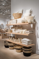 A beautifully designed home decor store displaying an array of Scandinavian-inspired textile items and woven baskets on wooden shelves