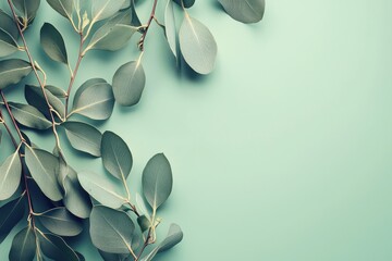 Green Eucalyptus Leaves on Soft Mint Background for Fresh Aesthetic