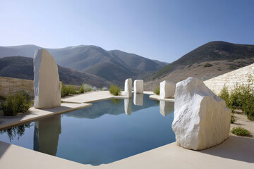 A tranquil courtyard features a reflective pool surrounded by striking white stone sculptures, set against a backdrop of rolling green hills and clear blue skies
