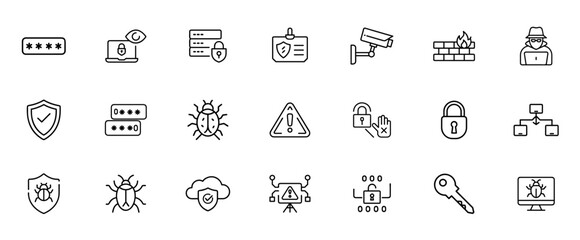 Cyber security icon set. Vector line pictograms of firewall, shield, lock, virus protection, data encryption, hacker, network security, and privacy illustration