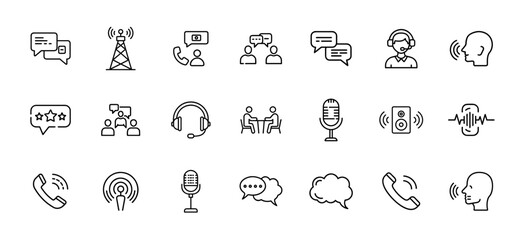 Speaking and communication icon set. Editable line vector icons of dialogue, speech bubble, talk, chat, discussion, meeting, voice, support, and conference