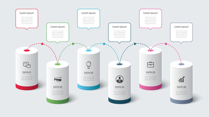 Infographics cylinder timeline with 6 number data template. Illustration business abstract background.
