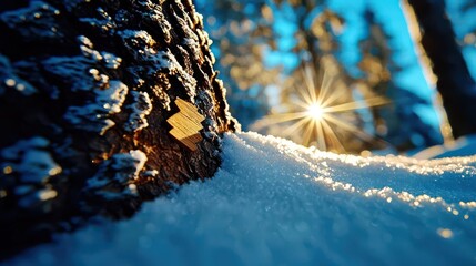 A serene winter scene showcasing snow-covered ground and a sunny glint through trees, perfect for conveying tranquility and beauty.