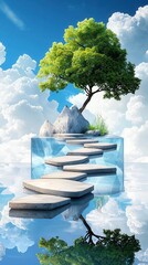 A surreal scene featuring a tree on a floating rock platform, with clear skies and reflections in the water below.