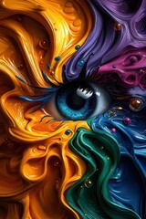 Vibrant eye surrounded by swirls of colorful paint, showcasing creativity and artistic expression in an abstract design.