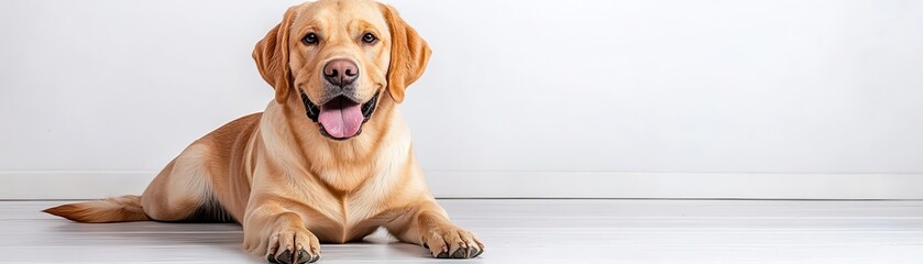 Playful and happy Labrador dog lying on a clean floor, showcasing its playful personality and friendly nature.