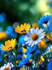 A vibrant display of colorful flowers, featuring yellow daisies and blue blossoms in a sunny meadow, perfect for nature lovers.