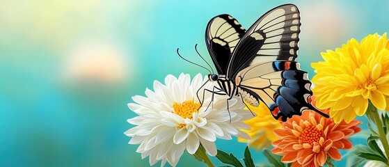 A vibrant butterfly rests on colorful flowers, showcasing the beauty of nature and the delicate balance of life.