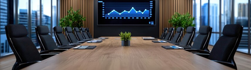 Modern conference room with large table and office chairs, featuring a presentation screen and green plants.