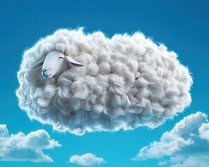 A whimsical illustration of a fluffy cloud shaped like a sheep, floating peacefully in a bright blue sky.