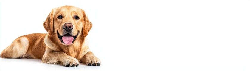 A cheerful golden retriever dog lying down, showcasing its friendly demeanor and playful spirit. Perfect for animal lovers.
