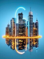 A vibrant city skyline illuminated with colorful lights, showcasing modern architecture and reflective surfaces against a blue backdrop.