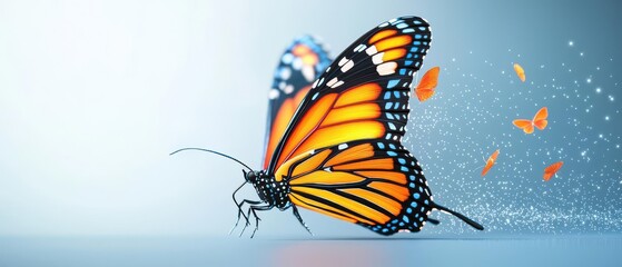 A vibrant butterfly in flight, symbolizing transformation and beauty against a calming blue background.
