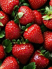 Fresh, ripe strawberries arranged beautifully with vibrant green leaves, perfect for desserts, healthy snacks, or culinary projects.