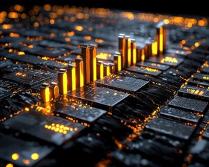 A close-up of a futuristic circuit board with glowing elements, showcasing technology and data visualization in a vibrant design.