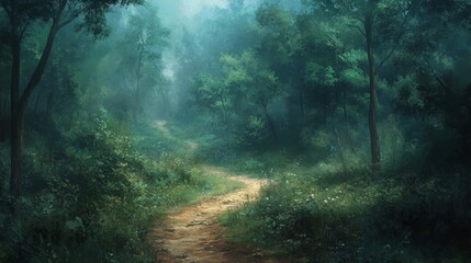 Obraz premium Mysterious Forest Path Shrouded in Fog