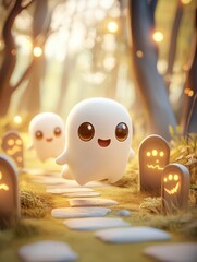 Playful ghosts frolic along a charming path in a whimsical forest setting, illuminated by glowing tombstones and soft light.