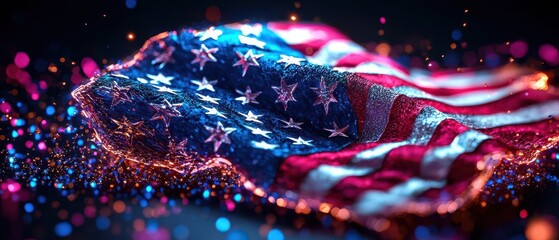 An artistic representation of the American flag, illuminated with vibrant colors and sparkles, creating a dynamic visual effect.