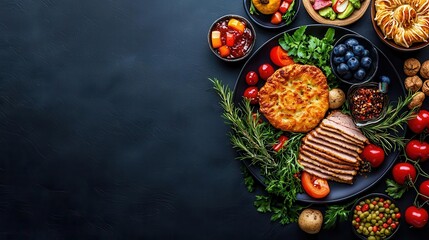 Delicious assortment of fresh fruits, vegetables, meats, and herbs presented on a dark background, perfect for food enthusiasts.