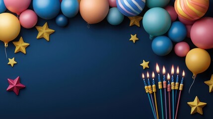 Colorful balloons and candles beautifully arranged for a festive birthday celebration on a dark background.