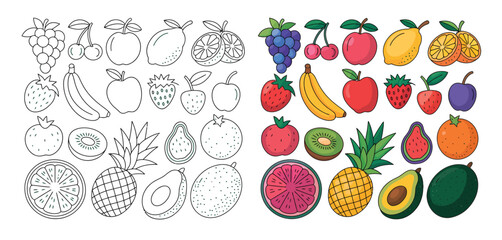 Colorful Fruit Coloring Page with Line Art and Filled Illustrations