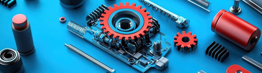 Close-up of assorted mechanical parts on a vibrant blue background, showcasing innovation and engineering details.