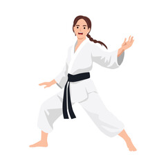 Woman in a white karate uniform and black belt demonstrates a strong martial arts stance. Flat vector illustration isolated on white background