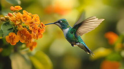 Fototapeta premium Vibrant hummingbird feeding on bright orange flowers.