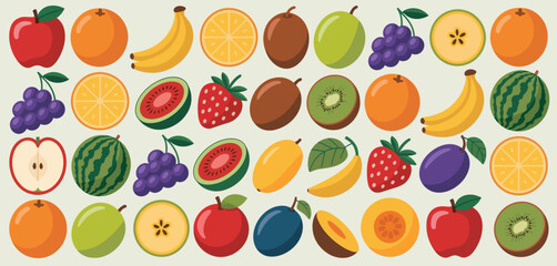 Assorted Fresh Fruits Flat Lay Colorful Illustration