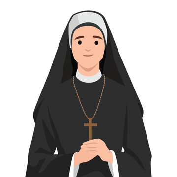 Devoted Nun in Prayerful Pose. Flat vector illustration isolated on white background