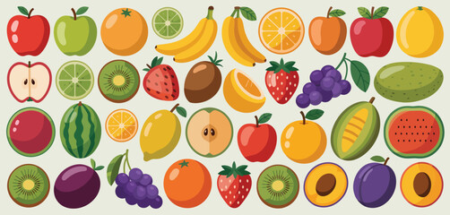 Assorted Fresh Fruits Collection Flat Lay Illustration