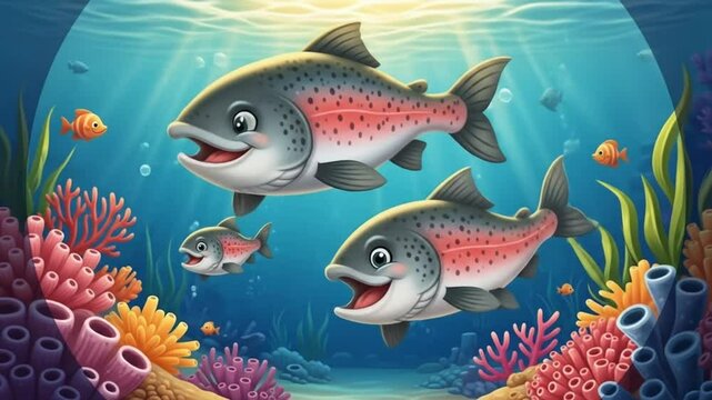 Happy Salmon Family Swimming in Vibrant Coral Reef Underwater Scene