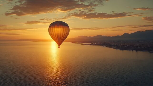 Hot air balloon floats over tranquil coastal scenery at sunrise.
