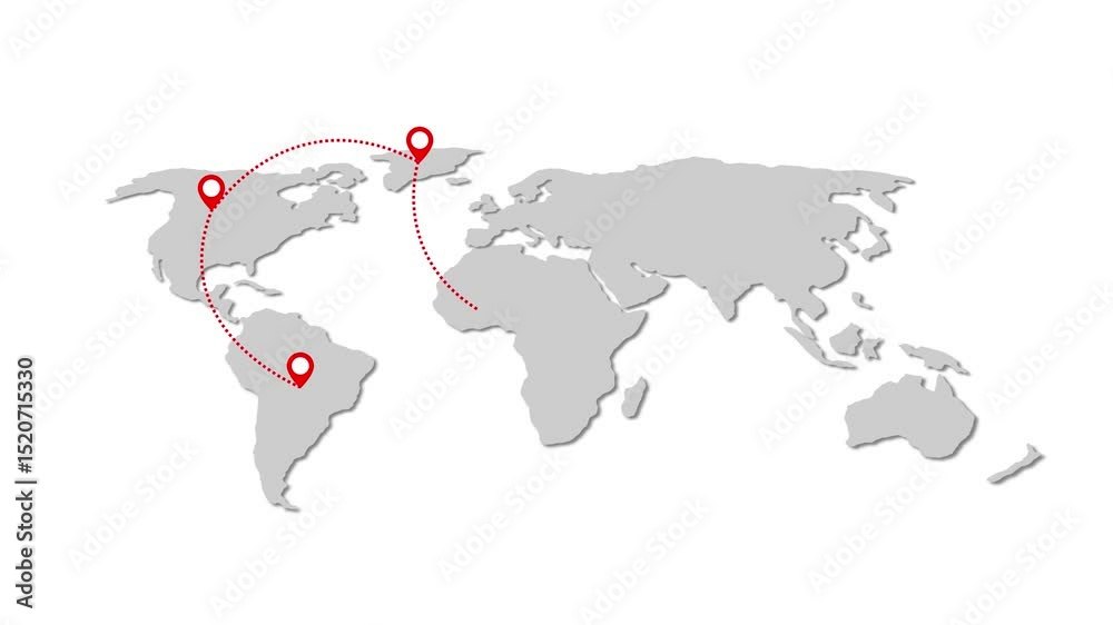 Poster world map visualization showing route between two points with red markers and dotted line depicting 