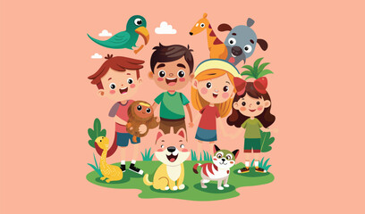 Fototapeta premium Funny cartoon vector illustration of a child playing with a dog, a cat, and other friendly animals