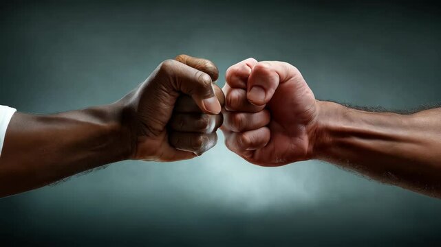 Two diverse men fists bumping, one black and one white, concept of racial equality, friendship and partnership.