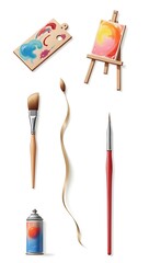 Icon set of creative arts tools including paintbrush, palette, easel, pencil, and spray paint can, designed with vibrant colors and soft highlights.
