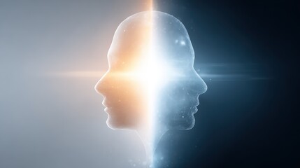 Obraz premium Abstract human silhouette split in two, one side glowing humble light, the other dark pride aura, symbolizing ego control