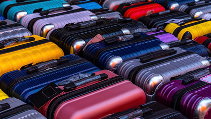 A tall and vibrant stack of various vintage suitcases, each of a different color and condition, set against a teal wall, symbolizing travel, nostalgia, and adventure.