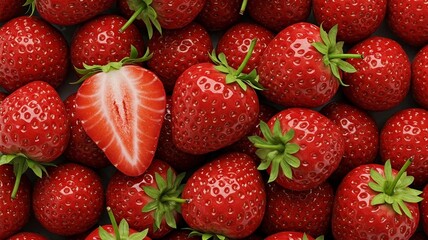 Fresh ripe strawberries with vibrant red color and glossy skin, featuring one sliced in half. A perfect image for healthy eating, fruit nutrition, summer snacks, and organic food promotions.