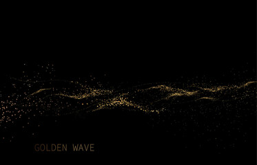 Shiny isolated design element, exquisite golden waves on black background.