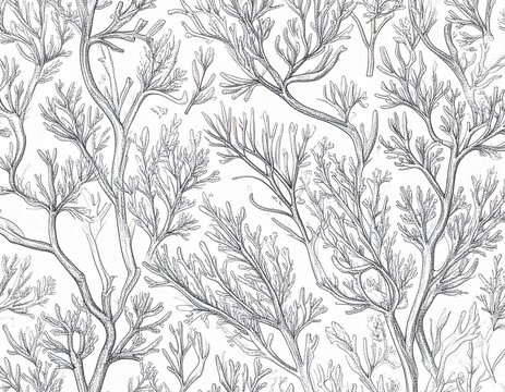 A detailed, vintage-style biology illustration of microalgae forming complex natural patterns. This scientific sketch represents the intricate beauty of the microscopic world