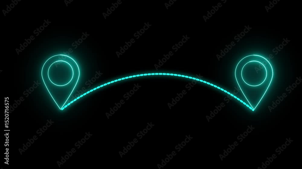 Poster animated neon map pins illustrating a journey with a dotted line on a black background suitable for 