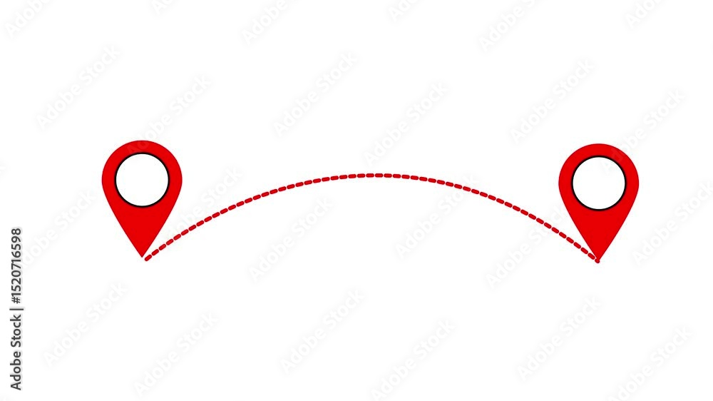 Poster animated red location markers with dashed line connecting points illustrating directional route and 